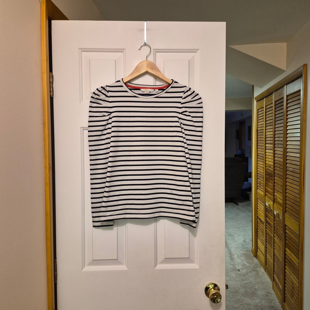 Boden Womens Striped Long Sleeve Puff Shoulder Tee White Navy Blue Cotton US 6